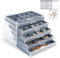 KAMIER Acryl Schmuckkästchen für Damen,Schmuckschatulle mit 5 Schubladen,Schmuckaufbewahrung mit 20 teiliges Transparentes Schmuckbeutel Set, für Ohrringe,Ringe,Halsketten,Armbänder,Vitrine, Blaugrau