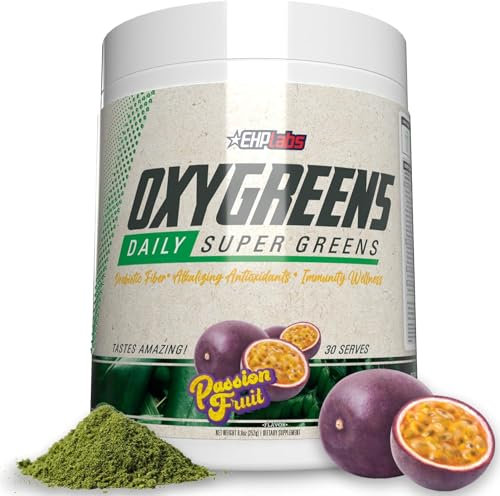 EHPlabs OxyGreens Daily Super Greens Powder - Green Superfood, Spirulina Herbal Supplement with Prebiotic Fibre, Alkalizing Antioxidants & Immunity Wellness, 30 Serves (Passionfruit)