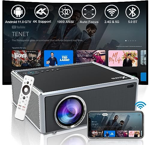 [With Android 11.0 TV] 5G WiFi Bluetooth Movie Projector 1000 ANSI, Native 1080P 4K Support, Home Theater FHD Projector with Auto Focus, Dual Speakers, Built-in Google Assistant, Chromecast, Many Apps