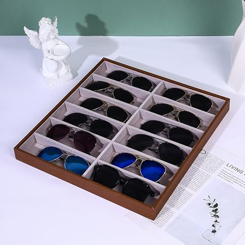 Tissting Brillen Organizer, Stapelbare Elegante Aufbewahrungsbox aus PU Leder und Holz mit 12 Fächern für Sonnenbrillen Schmuck, Aufbewahrungstablett für Zuhause Optikgeschäft Damen Herren