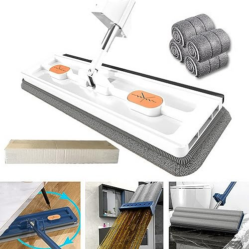 Camiraft Large Flat Mop,Grand Balai Plat de Nouveau Style,Balai à Plat Manche Longue,Balai Plat Microfibre avec Essorage Intégré,Serpillière Plate avec 4 Tampons Microfibre,Utilisation Humide Sèche
