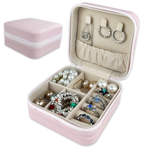 Diompirux Portátil Jewelry Organizer para Mujer Cuero PU, Joyero portátil Viaje, Pequeña Joyeros Niña Jewelry Organizer, Cajas Pequeño para Joyas para Anillos, Pendientes, Collares, Pulseras, Rosa