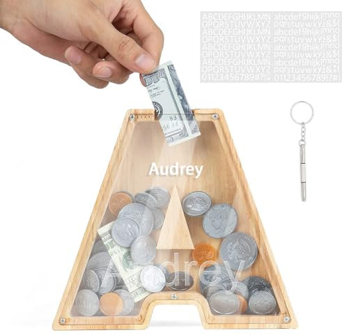 DONJIM Personalized Wooden Money Box, 7 Letter Piggy Bank, Clear Money Gift Box, Detachable Money Jar, with DIY Alphabet Stickers and Screwdriver, Alphabet A Money Tin