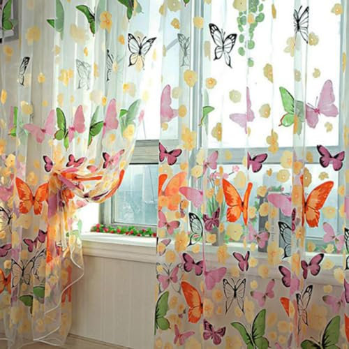Purfresh 2er Vorhang Transparent, 200x100cm Gardinen Schmetterling Muster Fenstersiebung für Küche Schlafzimmer Wohnzimmer Gardine für Schlafzimmer Wohnzimmer