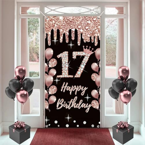 Striscione Compleanno 17° per Ragazze, Decorazione Happy 17th Birthday Poster Banner per Porta in Tessuto Nero e Rosa, Cartello da ParetePorta Banner per Festa di Compleanno
