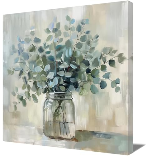 ZQQART Kunstdruck auf Leinwand Motiv grüne Eukalyptusblätter botanisches Bild Aquarell Blatt Glasvase Gemälde für Küche Badezimmer Heimdekoration (Eukalyptusblume,50x50cm)