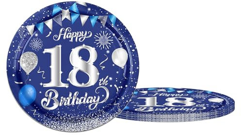 18th Birthday Paper Plates,16Pack Blue and Sliver Paperplates,7 inch Party Plates Small Paper Plates Plain Paper Plates for Girls,Boys,Kids,Her 18th Birthday Gifts Party Supplies Table Decorations