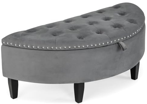 RELAX4LIFE Half Moon Storage Ottoman Bench, Lift Top Velvet Upholstered Storage Bench with Solid Rubber Wood Legs, Button Tufted End of Bed Footrest Seat for Living Room Bedroom Entryway