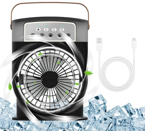 Mini ventilador de aire acondicionado portátil, enfriador de aire evaporativo de 3 velocidades, tanque de agua de 600 ml, luces arcoíris, ventilador de refrigeración portátil con sistema de