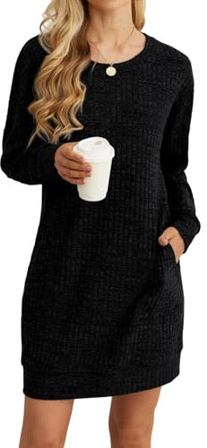 PrinStory Women Jumper Dress Long Sleeves Causal Basic Mini Dress With Pockets Loose Knitted Pullover Tunic Sweatshirt For Women (Black, XL)