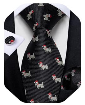 DiBanGu Mens Weihnachten Krawatte Set Lustige festliche Krawatte Gewebte Pocket Square Manschettenknöpfe Set mit Geschenkbox, Schwarz und Grau