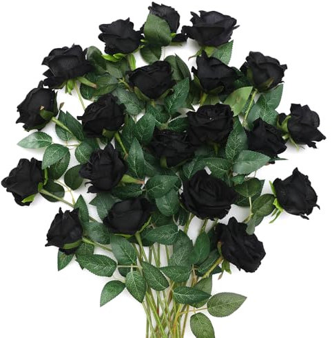 JUSTOYOU 20 PCS Schwarze Rose künstliche Blume, Seide blühende Rose mit Stiel, künstliche Rose Bouquet Realistische Blume für Home Table Office Party Hochzeit Garten Arrangements(schwarz)