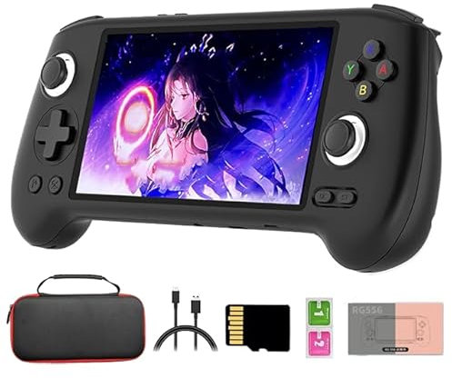 RG556 Retro Handheld Spielkonsole mit Tasche, 128G SD Karte 4000+Spiele, 5,48-Zoll Touch AMOLED Bildschirm Unisoc T820 Android 13 Videospiele Player ((4+128G)+128G)