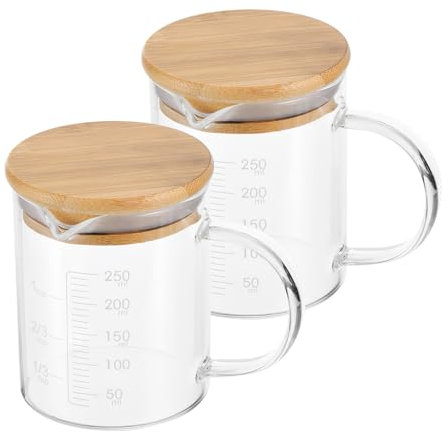 PATIKIL 250ml Glass Measuring Cup, 2 Pack 3.3 Borosilicate Glass Graduated White Printed Scale Liquid Measure Cups Beaker with Wood Lid and V-Shaped Spout for Kitchen