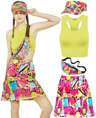 kasahara 80er 90er Jahre Kostüm Damen Retro Trainingsanzug Workout Sport Outfit Skirt, Crop Top, Gürteltasche, Sonnenblenden Hut Karneval Faschingskostüm (Turmeric, S)