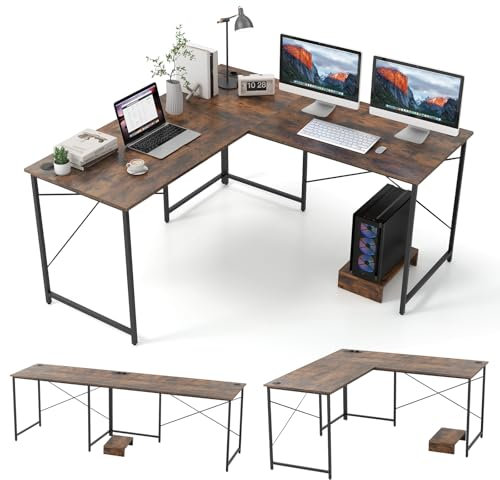 COSTWAY Escritorio de Ordenador en Forma de L con Regleta, Orificios para Cables, 2 Formas para 2 Personas, Soporte de Monitor, Mesa Escritorio Esquina Gaming, 240x60x75cm (café, regleta)