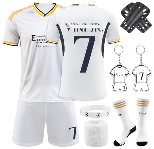 Kitimi Fußballtrikots für Kinder, No.7 Hause/Auswärts Fußball Trikot mit Beinhaltet Shorts Socken Schutz Schlüsselanhänger Armband und Verband, Fussball Set für Kinder Jungen Mädchen (26 Weiß)