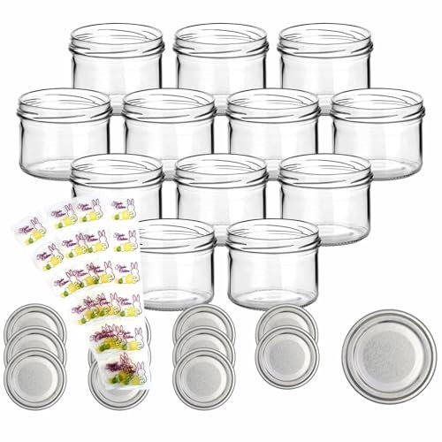 gouveo 12er Set Einmachgläser 230 ml mit silberfarbenen Deckel und 24 Oster-Aufkleber - Vorratsgläser, Marmeladengläser, Einkochgläser, Geschenkgläser für das Osterfest