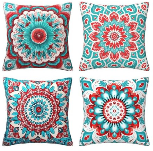 Kissenbezug 40x40 cm Türkis Grün Sofakissen 4er Set Leinen Dekokissen Kissenbezüge Couchkissen Boho Outdoor Kissen Zierkissen Kissenhüllen für Schlafzimmer, Sofa, Bett, Garten Deko Kissen -LI265