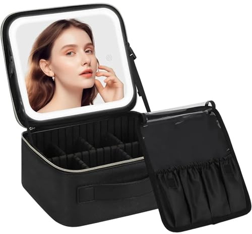 Kosmetiktasche mit Spiegel Schminktasche mit Spiegel, Reise-Schminktasche for Damen und Make-up-Kosmetik-Organizer, große Schminktaschen, verstellbare Trennwände Schminktasche mit Spiegel und Licht(Bl