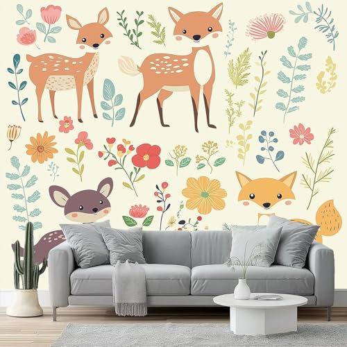 Fotomurales Bosque infantil con ciervos y zorros Papel Tapiz Moderno 400 x 280 cm Papel pintado tejido no tejido coración Pared corativos Sala Living Oficina Dormitorio Rosa Verde