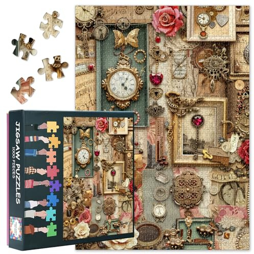 Vintage Jigsaw Puzzles for Adults 1000 Pieces, Retro Background with Old Books, Watches, Hearts and Other Items Puzzle, Impossible Jigsaw Puzzles for Adults, 19.5 x 27.5 Inch