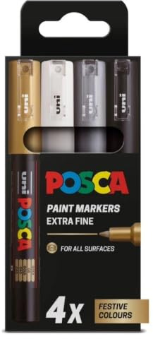 POSCA PC-1M Extra-Fine Acrylic Paint Marker Pens, Festive Colours (4-Pack) | 0.7–1 mm Extra Fine Tip, Ideal for All Surfaces, Water-Based, Non-Toxic, Biodegradable Packaging