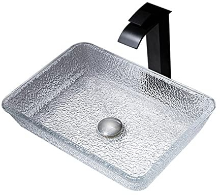 PUFAHAU Lavabo De Baño, Lavabo De Vidrio Templado, Lavabo Rectangular para Encimera, Lavabos Transparentes con Grifo Cascada.