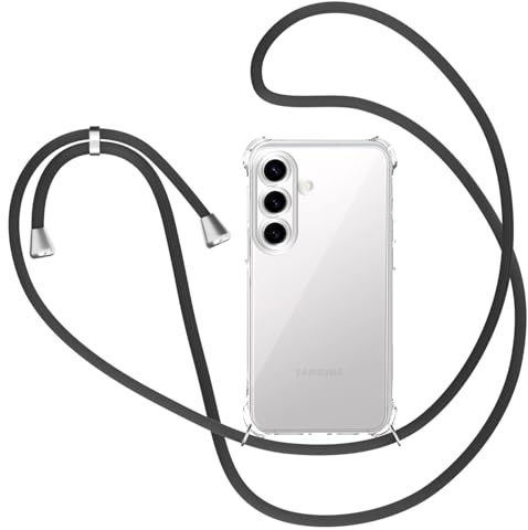 XTCASE Handykette Hülle für Samsung Galaxy S25 FE mit Band, Transparent Silikon Handyhülle für Samsung Galaxy S25 FE mit Kette Stossfest Schutzhülle - Schnur mit Case zum Umhängen in Schwarz