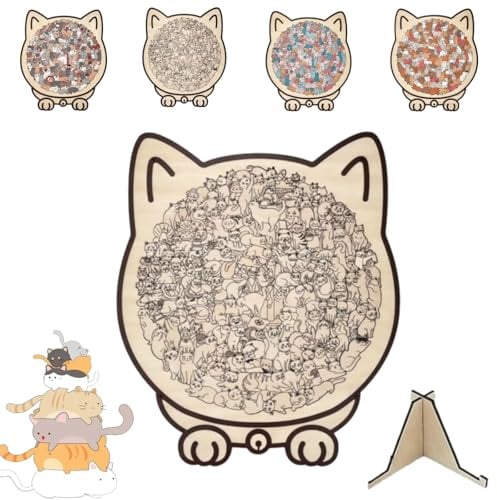 135-Piece Colored Cat Shaped Wooden Jigsaw Puzzle,Cute Cats Shaped Wooden Puzzle with Acrylic Cover,Challenging Irregular Jigsaw with Cat-Shaped Frame,Creative Puzzles Home Decor (D)