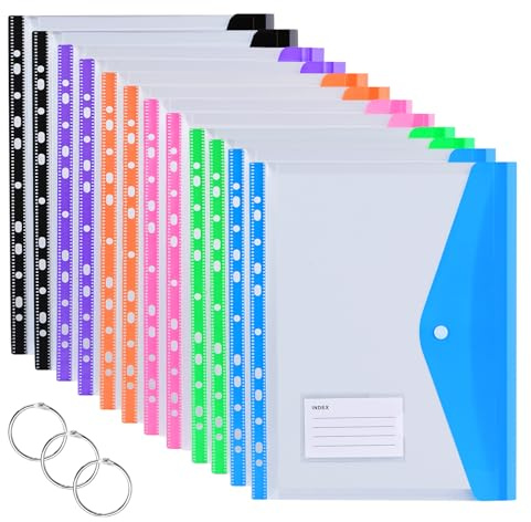 HAMOHTE Dokumententasche A4 Abheftbar, 12 Stück Dokumentenmappe A4 zum Abheften, 11 Lochung Kunststoff Mappen, Transparent Dokumententaschen Dokumenten Mappe mit Druckknopf und Etikettentasche