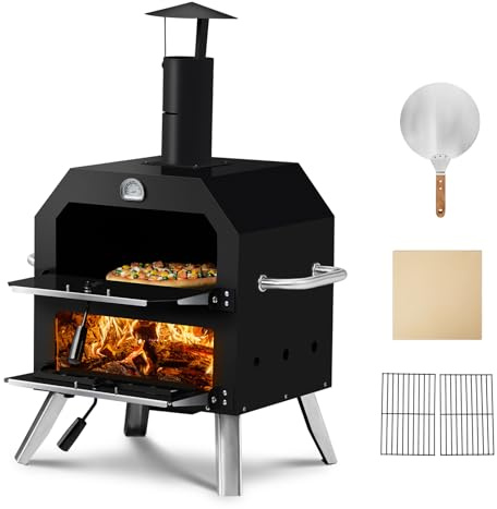 Outopee Outdoor Pizza Oven, 2 Layer Wood Fired Pizza Maker | Pizza Stone, Peel, Chimney, Removable Cooking Rack, Outside Garden Cooker Heating Oven for Camping Backyard Picnic Party BBQ