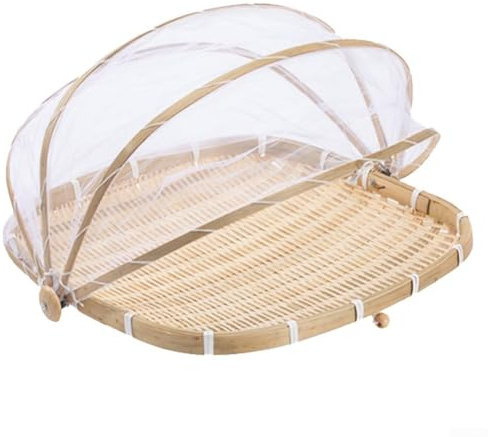 Panier de rangement avec couvercle en maille, support tissé pour fruits et légumes pour comptoir de cuisine, pique-nique et utilisation en extérieur, plateau de séchage naturel fabriqué à la main (L)