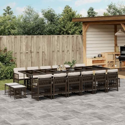 zylophax 17-TLG. Garten-Essgruppe Braun Poly Rattan mit Kissen wetterfestes Gartenmöbel Set Terrassenmöbel Outdoor Sitzgruppe für Balkon und Garten mit Glas-Tischplatte und klappbaren Stühlen