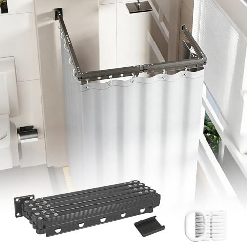 Faltbare Duschvorhangstange mit Duschvorhang, Duschvorhangstange ohne Bohren, Duschvorhang mit Stange, Wasserdicht L/U Form Duschstange für Ecke/Badewanne (Schwarz, 5 faltbar)