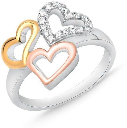 Unique Sports Ring Herzen aus Sterlingsilber Tricolor mit Zirkonia (Größe: 58mm)