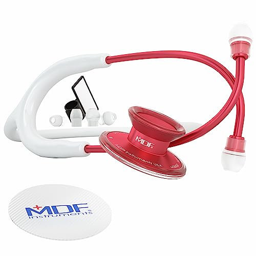 MDF Acoustica, Stéthoscope à double pavillon - Léger - Pour médecins, infirmières, étudiants, soins à domicile - Tubulure blanc, Lyre-pavillon rouge - MDF747XPR29