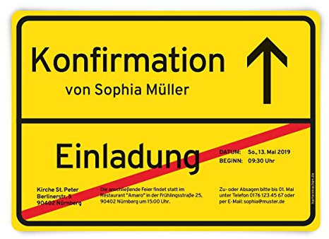 Lustige Konfirmation Einladungskarten selbst gestalten im Ortsschild Look, individuelle Einladungen DIN A6