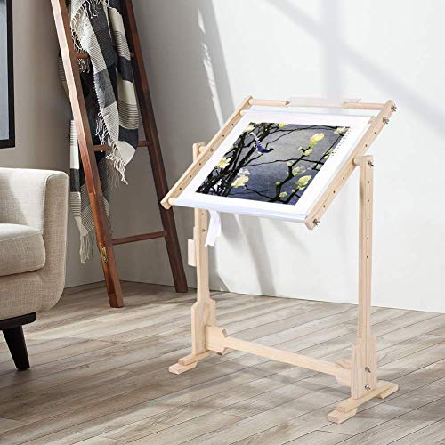 Kreuzstich Ständer Kreuzstich Rahmen Verstellbarer Holz Stickerei Rahmen 9CT 50cm Rahmen für Kreuzstich-Bodenständer 360-Grad-Drehung Holz-Stickerei Staffelei Wandteppich Reifen DIY Bastelwerkzeug | Höhenverstellbar in 6 Positionen mit PVC-Cliphalter-Rolle, Holzrahmenständer zum Basteln, Hobby-Nähen, 9 Karat, 50 cm