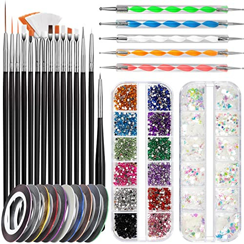 FANDAMEI Nail Pen Designer Tool - 20pcs Gel Brushes & Dotting Tool & 10pcs Striping Tape & Holographic Sequins & Nail Gems, Professional Accessories for Art Decoration, Black