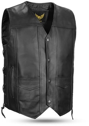 Leatherick Gilet da uomo in vera pelle di vacchetta a grana alta Gilet classico nero con lacci laterali e tasche per il trasporto nascoste - Nero - 3XL