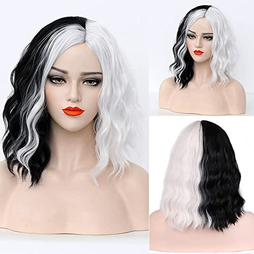Cruella Perücke für Cruella Devil Kostüm Damen Schwarz und Weiß Locken Perücken für Frauen Kinder Kostüm Party Synthetische Perucken Wig 009