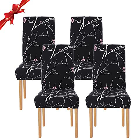 Jaotto Stuhlhussen 4 Stück Universal, Stuhlhusse Stretch 4er Set Moderne, Stuhlhussen Schwingstühle Elastische Langlebig Stuhlhussen für Esszimmer Bankett Deko(Schwarze Blume,4 Stück)