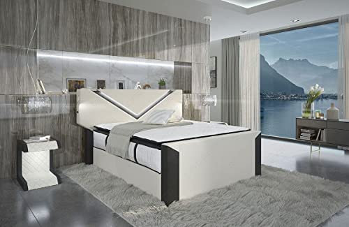 Sofa Dreams Boxspringbett Lyon mit Strukturstoff LED Licht großes Kopfteil Stauraum in Allen gängigen Größen (180 x 200 cm, Elfenbein-Schwarz)
