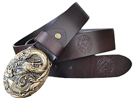 Herren Damen Massivmessing Gürtel Lederkleid Echtes Leder 3D Die Legende Von Drachen Und Fisch Steht Für Glück Buckle Belt Casual Für Jeans,Kaffee,115cm/waist:38~40