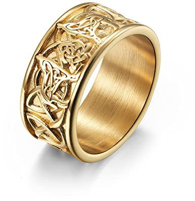 BCughia Ringe Gold Hochzeit, Vintage Ringe Edelstahl Keltischer Wolf Hochzeitsringe Vintage Jubiläum Geschenke Männer Größe 62(19.7)