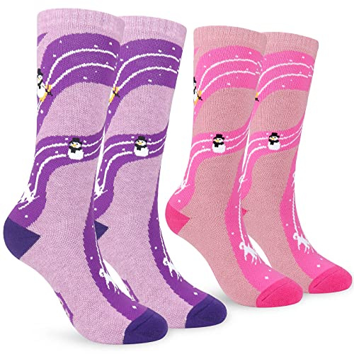 KOOOGEAR Lot de 2 paires de chaussettes de ski pour enfants, taille 38-3, chaussettes de ski amusantes hautes au genou pour enfants, thermiques et chaudes, pour patinage, ski, snowboard, Violet/rose