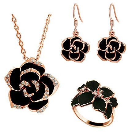 TOEECY Rose Schmuckset für Damen und Mädchen Kamelie Blume Anhänger Halskette Ohrringe und Einstellbar Ringe Set Emaille Zirkonia Schmuck Set für Hochzeit Braut (Roségold)