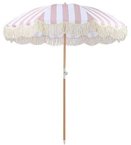 2m Rosa Gestreifter Sonnenschirm Retro Luxus Strand Sonnenschirm Mit Fransen Garten Regenschirm Polyester Schirm Oberfläche, Tragbare Tilt, Verschleißfest Sonnenschutz, Seaside Hof Pool Beschattung