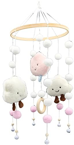 Hängende Bettglocke, Mobile Baby Windspiele, Hängende Bettglocke Mobile mit Filzbällen 3D Wolken, für Neugeborenen Kinderzimmer, Babybett Jungen und Mädchen (Rosa)